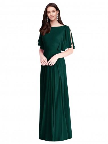 Purcahse  V-Back Bell Sleeves Bateau Neck A-Line Soft Chiffon Semi Formal Evening Dress UK