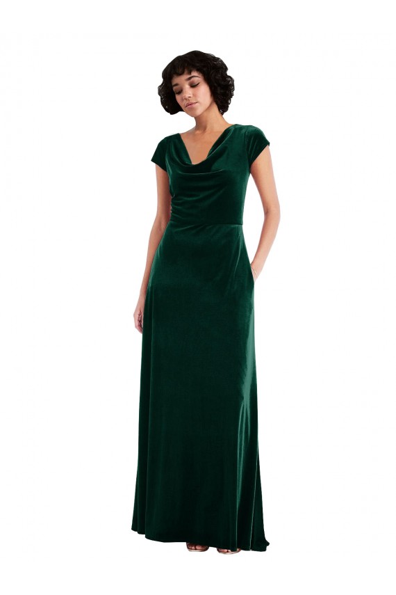 Purcahse  Cap Sleeves Cowl Neck A-Line Stretch Velvet Black Tie Evening Dress UK