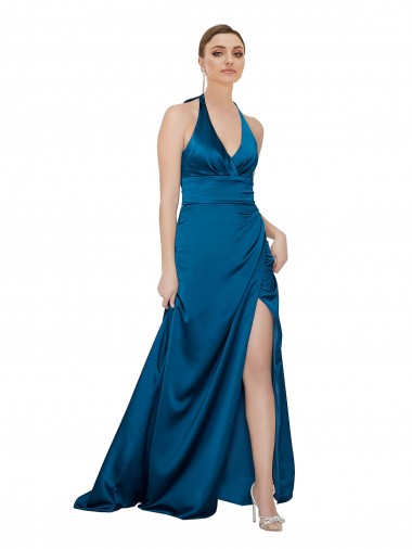 Purcahse  Open Back Peacock Blue Sleeveless Halter Neck A-Line Silky Satin Formal Evening Dress UK