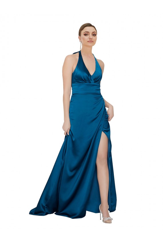 Purcahse  Open Back Peacock Blue Sleeveless Halter Neck A-Line Silky Satin Formal Evening Dress UK