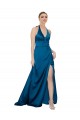 Purcahse  Open Back Peacock Blue Sleeveless Halter Neck A-Line Silky Satin Formal Evening Dress UK