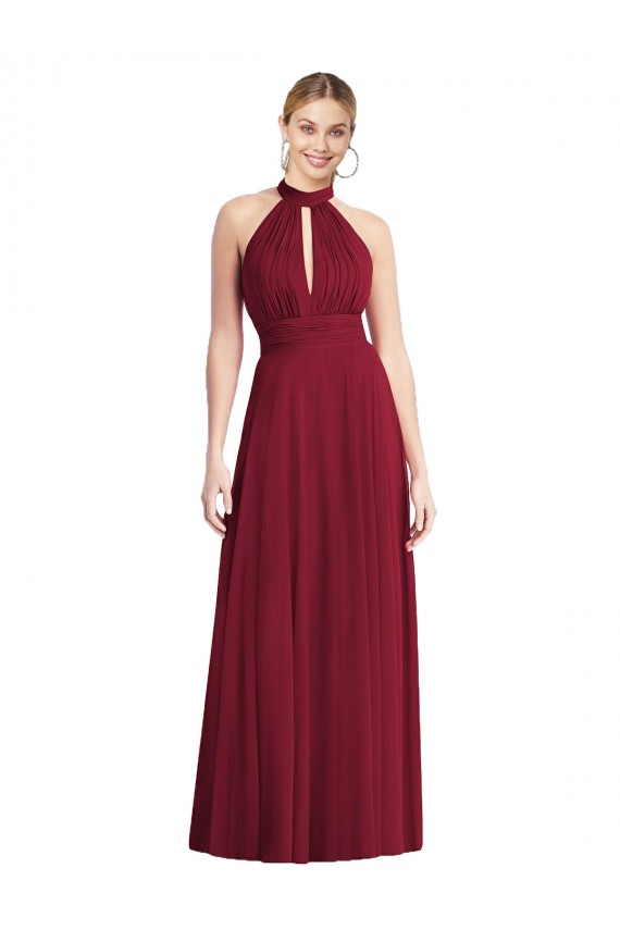 Purcahse  Open Back Burgundy Sleeveless Halter Neck A-Line Soft Chiffon Semi Formal Evening Dress UK