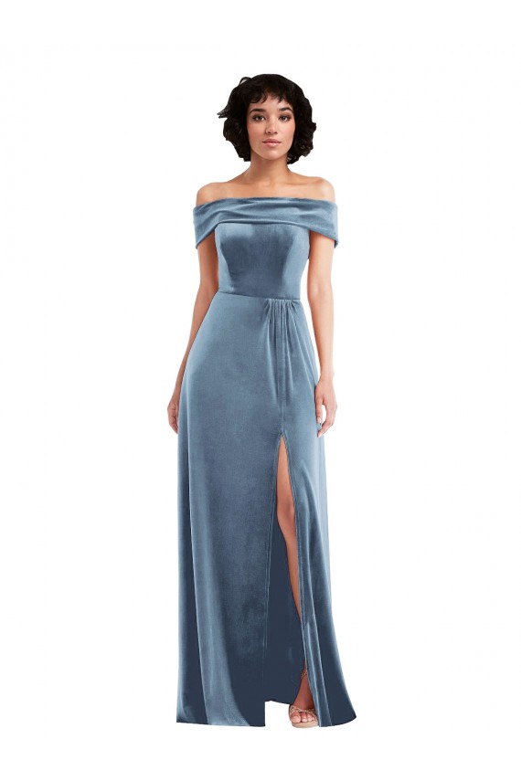 Purcahse  Dusty Blue Sleeveless Off the Shoulder A-Line Stretch Velvet Semi Formal Evening Dress UK