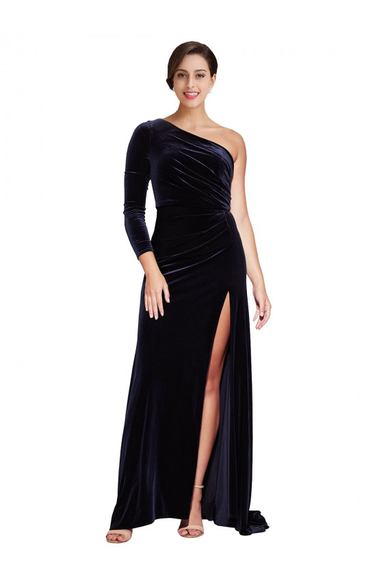 Purcahse  Long Sleeves One Shoulder A-Line Stretch Velvet Formal Evening Dress UK