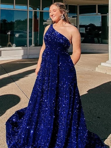 Purcahse  Sleeveless One Shoulder A-Line Velvet Sequin Evening Dress UK