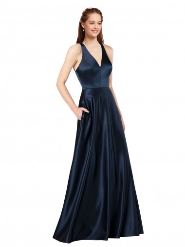 Purcahse  Keyhole Back Sleeveless V-Neck A-Line Satin Formal Evening Dress UK
