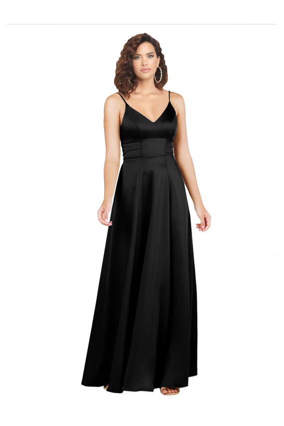 Purcahse  V-Back Black Sleeveless V-Neck A-Line Silky Satin Formal Evening Dress UK