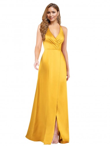 Purcahse  Open Back Sleeveless V-Neck A-Line Silky Satin Evening Dress UK