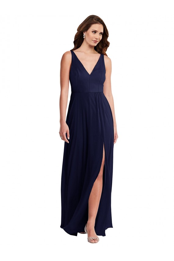 Purcahse  V-Back Dark Navy Sleeveless V-Neck A-Line Soft Chiffon Black Tie Evening Dress UK
