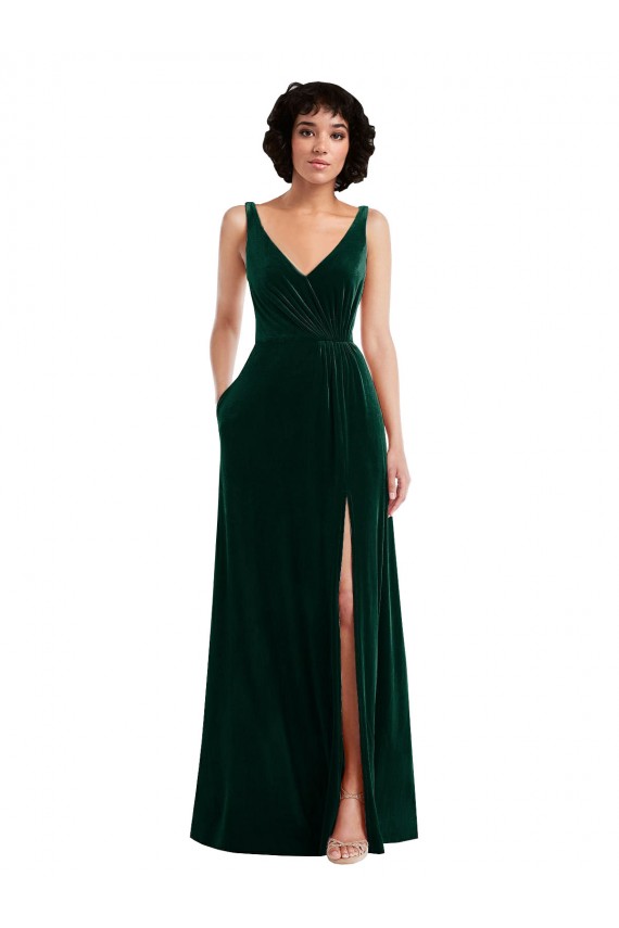 Purcahse  V-Back Dark Green Sleeveless V-Neck A-Line Stretch Velvet Evening Dress UK