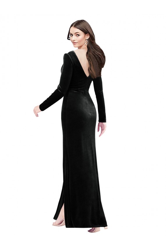 Purcahse  V-Back Long Sleeves V-Neck Column Stretch Velvet Formal Evening Dress UK