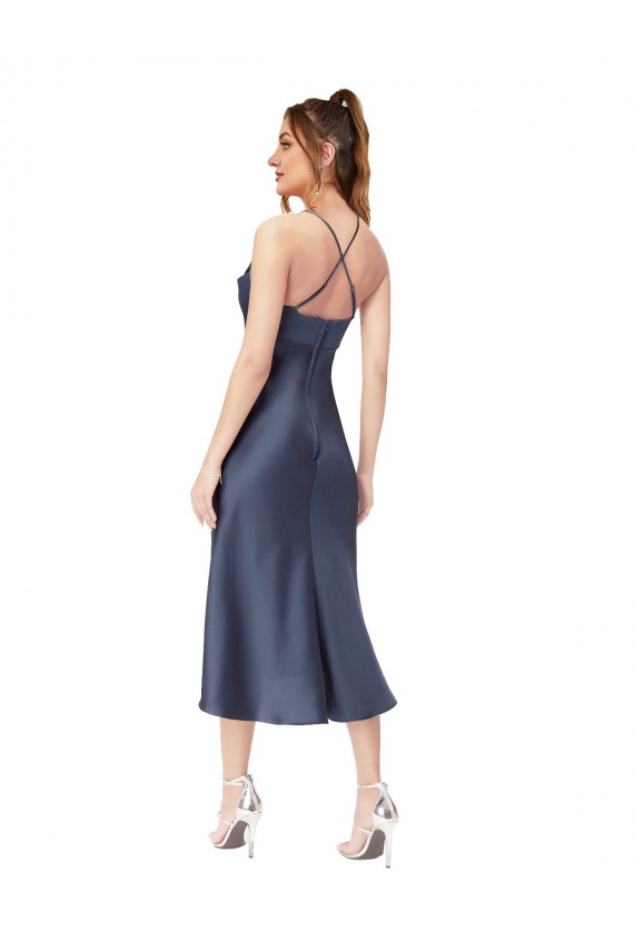 Purcahse  Criss Cross Back Sleeveless Cowl Neck Sheath Silky Satin High Low Evening Dress UK
