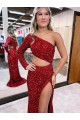 Purcahse  Long Sleeves One Shoulder Mermaid Velvet Sequin Evening Dress UK