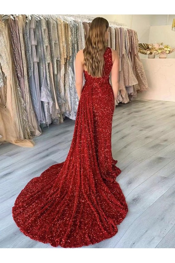 Purcahse  Burgundy Sleeveless One Shoulder Sheath Velvet Sequin Evening Dress UK