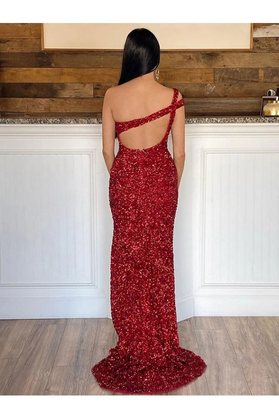 Purcahse  Sweep Train Burgundy Sleeveless One Shoulder Sheath Velvet Sequin Evening Dress UK