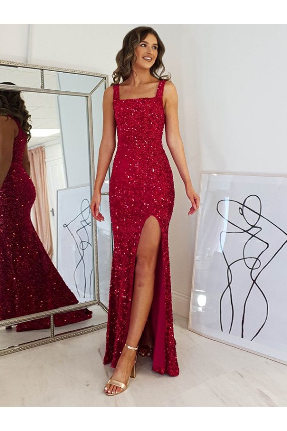 Purcahse  Sleeveless Square Neck Sheath Velvet Sequin Evening Gown UK