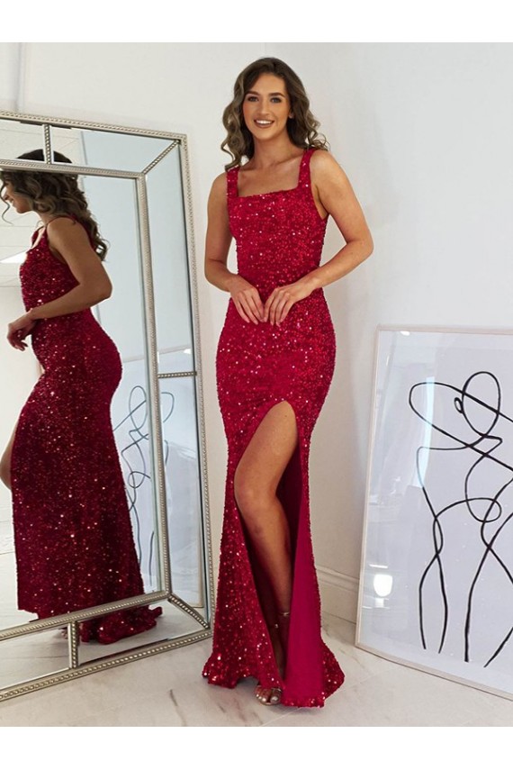 Purcahse  Sleeveless Square Neck Sheath Velvet Sequin Evening Gown UK