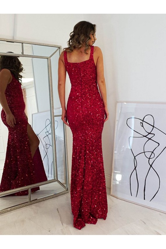 Purcahse  Sleeveless Square Neck Sheath Velvet Sequin Evening Gown UK