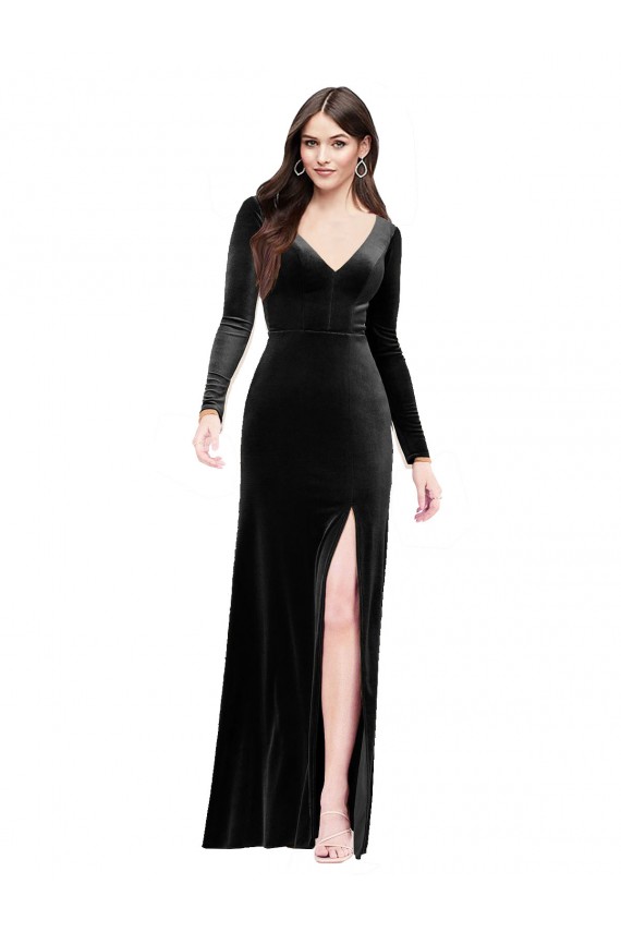 Purcahse  V-Back Long Sleeves V-Neck Column Stretch Velvet Formal Evening Dress UK