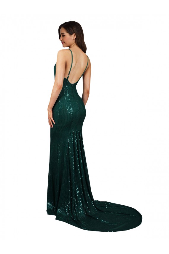 Purcahse  Low Back Dark Green Sleeveless V-Neck Mermaid Sequin Formal Evening Dress UK