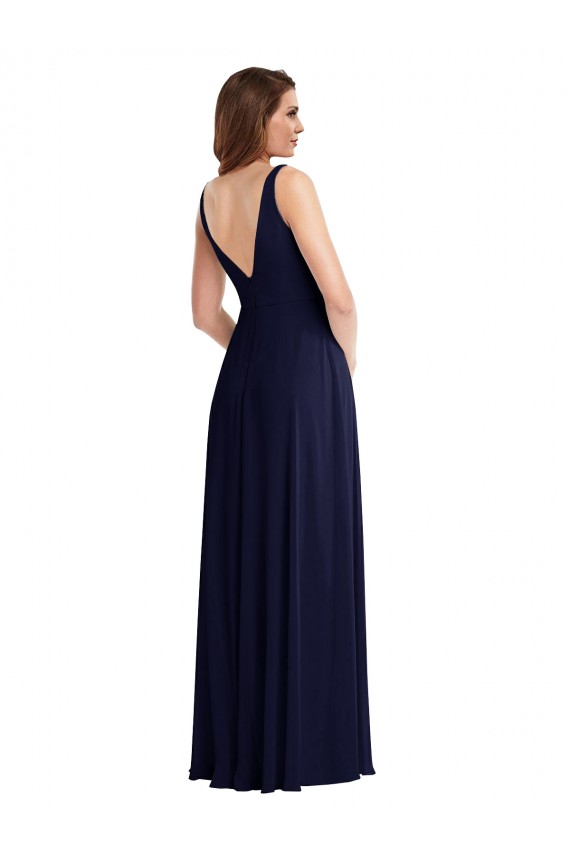 Purcahse  V-Back Dark Navy Sleeveless V-Neck A-Line Soft Chiffon Black Tie Evening Dress UK