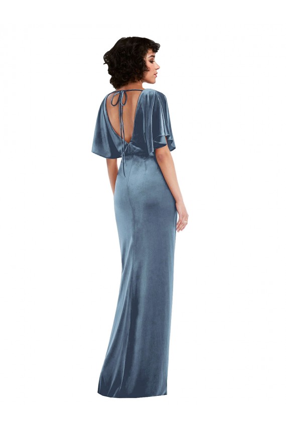 Purcahse  Open Back Flutter Sleeves Sheath Stretch Velvet Semi Formal Evening Dress UK