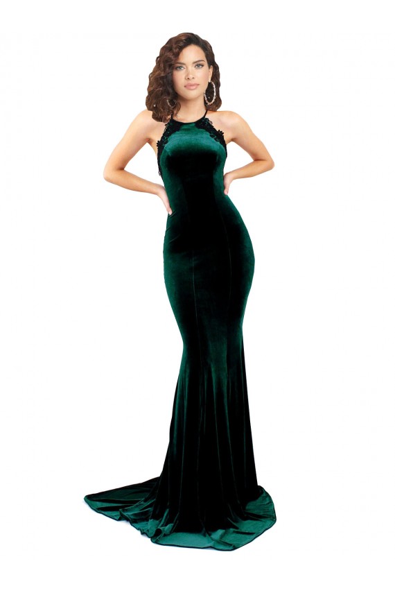 Purcahse  Low Back Sleeveless High Neck Mermaid Stretch Velvet Formal Evening Dress UK