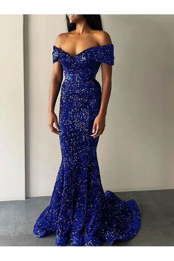 Purcahse  Sleeveless Off the Shoulder Mermaid Velvet Sequin Evening Dresses UK
