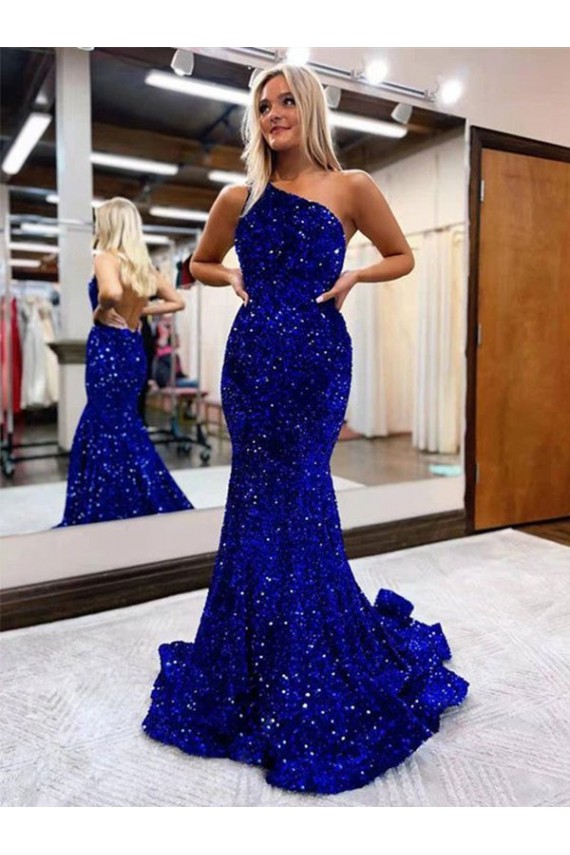 Purcahse  Sleeveless One Shoulder Mermaid Velvet Sequin Evening Dress UK