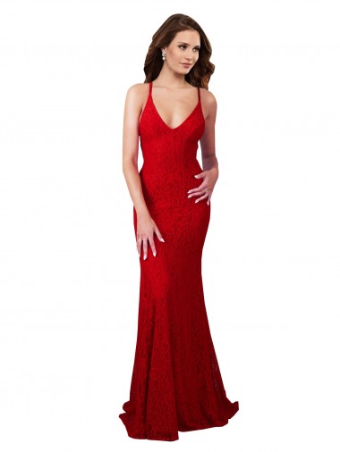 Purcahse  Low Back Sleeveless V-Neck Mermaid Lace Evening Dress UK