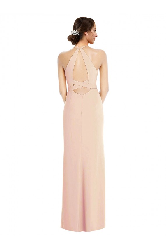 Purcahse  Criss Cross Back Nude Sleeveless Halter Neck Trumpet Stretch Crepe Formal Evening Dress UK