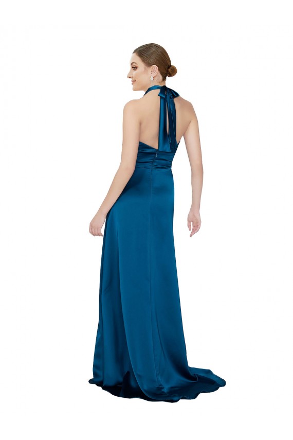 Purcahse  Open Back Peacock Blue Sleeveless Halter Neck A-Line Silky Satin Formal Evening Dress UK