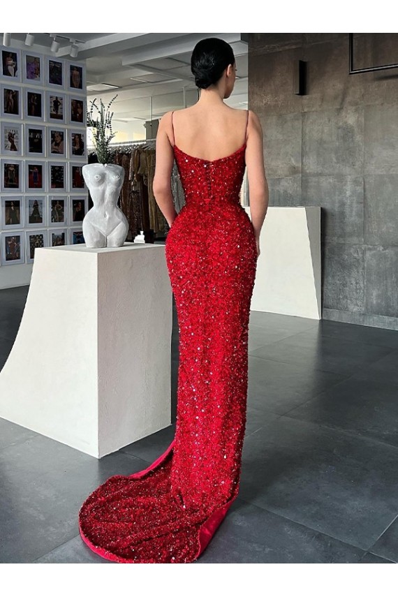 Purcahse  Red Sleeveless V-Neck Sheath Velvet Sequin Evening Dress UK