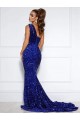 Purcahse  Sleeveless One Shoulder Mermaid Velvet Sequin Semi Formal Evening Dress UK
