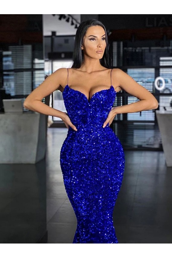 Purcahse  Sleeveless Spaghetti Straps Mermaid Velvet Sequin Evening Dress UK
