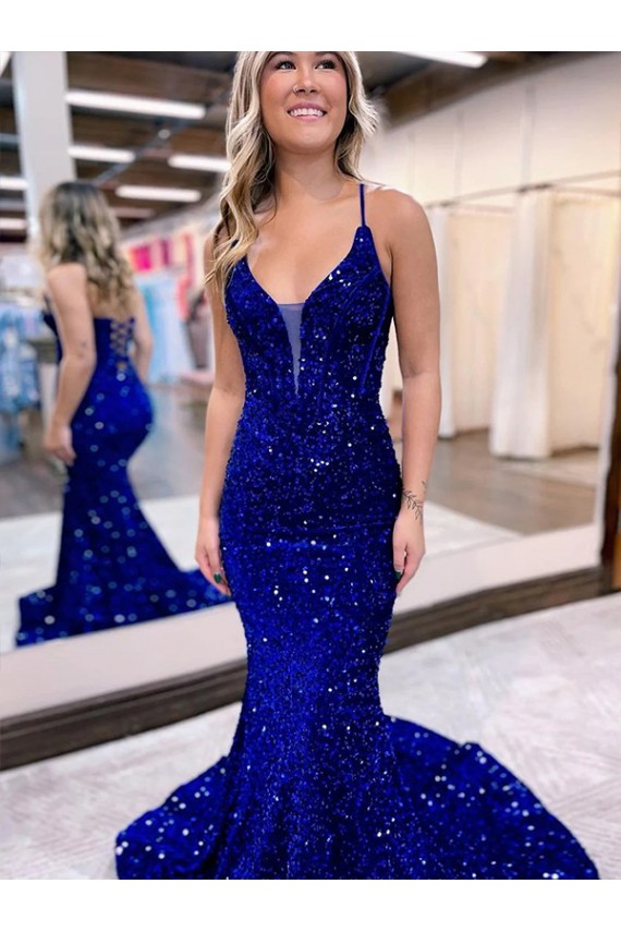 Purcahse  Sleeveless V-Neck Mermaid Velvet Sequin Evening Dress UK