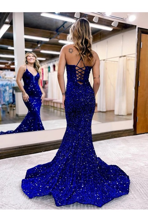 Purcahse  Sleeveless V-Neck Mermaid Velvet Sequin Evening Dress UK