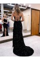 Purcahse  Royal Blue Sleeveless V-Neck Sheath Velvet Sequin Long Evening Dress UK