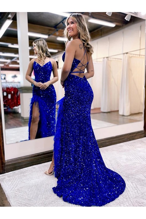 Purcahse  Royal Blue Sleeveless V-Neck Sheath Velvet Sequin Long Evening Dress UK