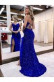 Purcahse  Royal Blue Sleeveless V-Neck Sheath Velvet Sequin Long Evening Dress UK