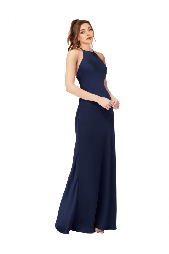 Purcahse  Criss Cross Back Sleeveless High Neck Sheath Silky Satin Formal Evening Dress UK