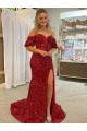 Purcahse  Red Short Sleeves Off the Shoulder Sheath Velvet Sequin Evening Dresses UK