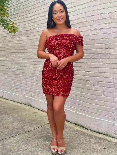 Purcahse  Burgundy Sleeveless One Shoulder Sheath Velvet Sequin Evening Dresses UK