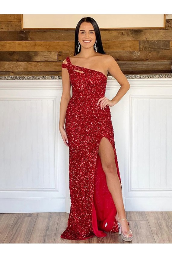 Purcahse  Sweep Train Burgundy Sleeveless One Shoulder Sheath Velvet Sequin Evening Dress UK