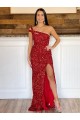 Purcahse  Sweep Train Burgundy Sleeveless One Shoulder Sheath Velvet Sequin Evening Dress UK