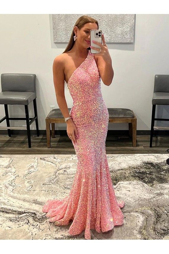 Purcahse  Pink Sleeveless One Shoulder Sheath Velvet Sequin Evening Dress UK