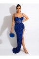 Purcahse  Royal Blue Sleeveless Spaghetti Straps Sheath Velvet Sequin Evening Gown UK