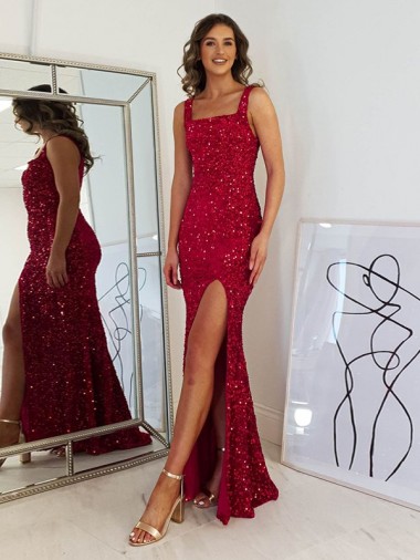 Purcahse  Sleeveless Square Neck Sheath Velvet Sequin Evening Gown UK