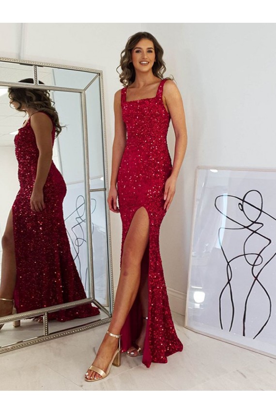 Purcahse  Sleeveless Square Neck Sheath Velvet Sequin Evening Gown UK
