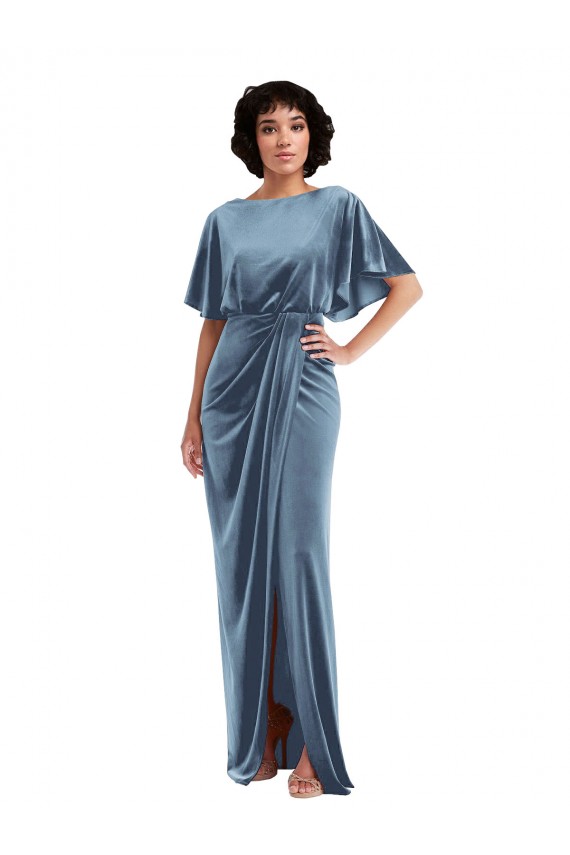 Purcahse  Open Back Flutter Sleeves Sheath Stretch Velvet Semi Formal Evening Dress UK